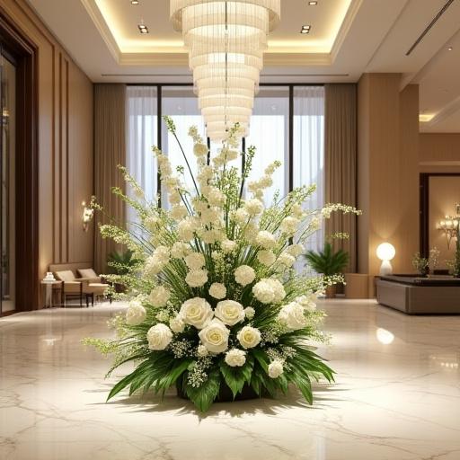 Composizione floreale imponente nella hall di un hotel di lusso.